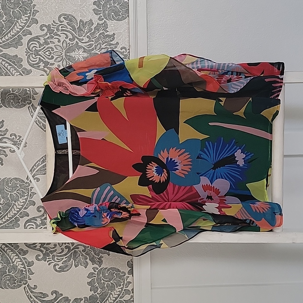 CeCe Women's Top Soft Flowy Large Lined Floral Ruffle Sleeves Short Sleeves